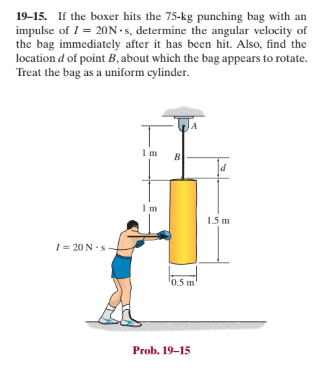 19-15. If the boxer hits the 75-kg punching bag with an
impulse of I = 20N-s, determine the angular velocity of
the bag immediately after it has been hit. Also, find the
location d of point B, about which the bag appears to rotate.
Treat the bag as a uniform cylinder.
I = 20 N. S
1 m
1 m
B
A
¹0.5 m
Prob. 19-15
1.5 m
