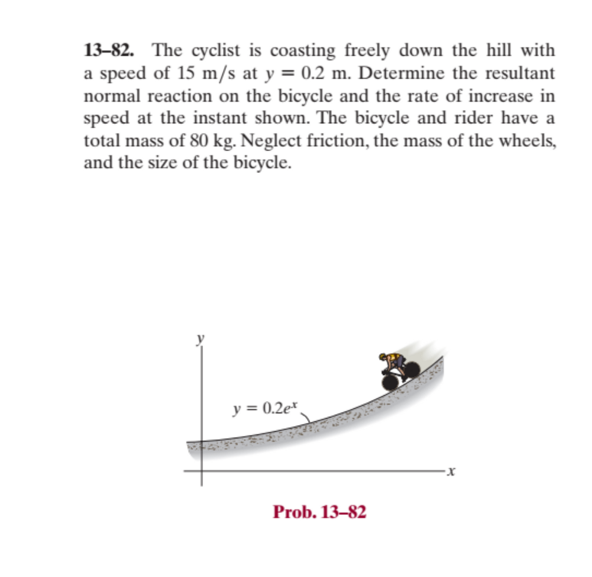 13-82. The cyclist is coasting freely down the hill with
a speed of 15 m/s at y = 0.2 m. Determine the resultant
normal reaction on the bicycle and the rate of increase in
speed at the instant shown. The bicycle and rider have a
total mass of 80 kg. Neglect friction, the mass of the wheels,
and the size of the bicycle.
y = 0.2e
Prob. 13-82