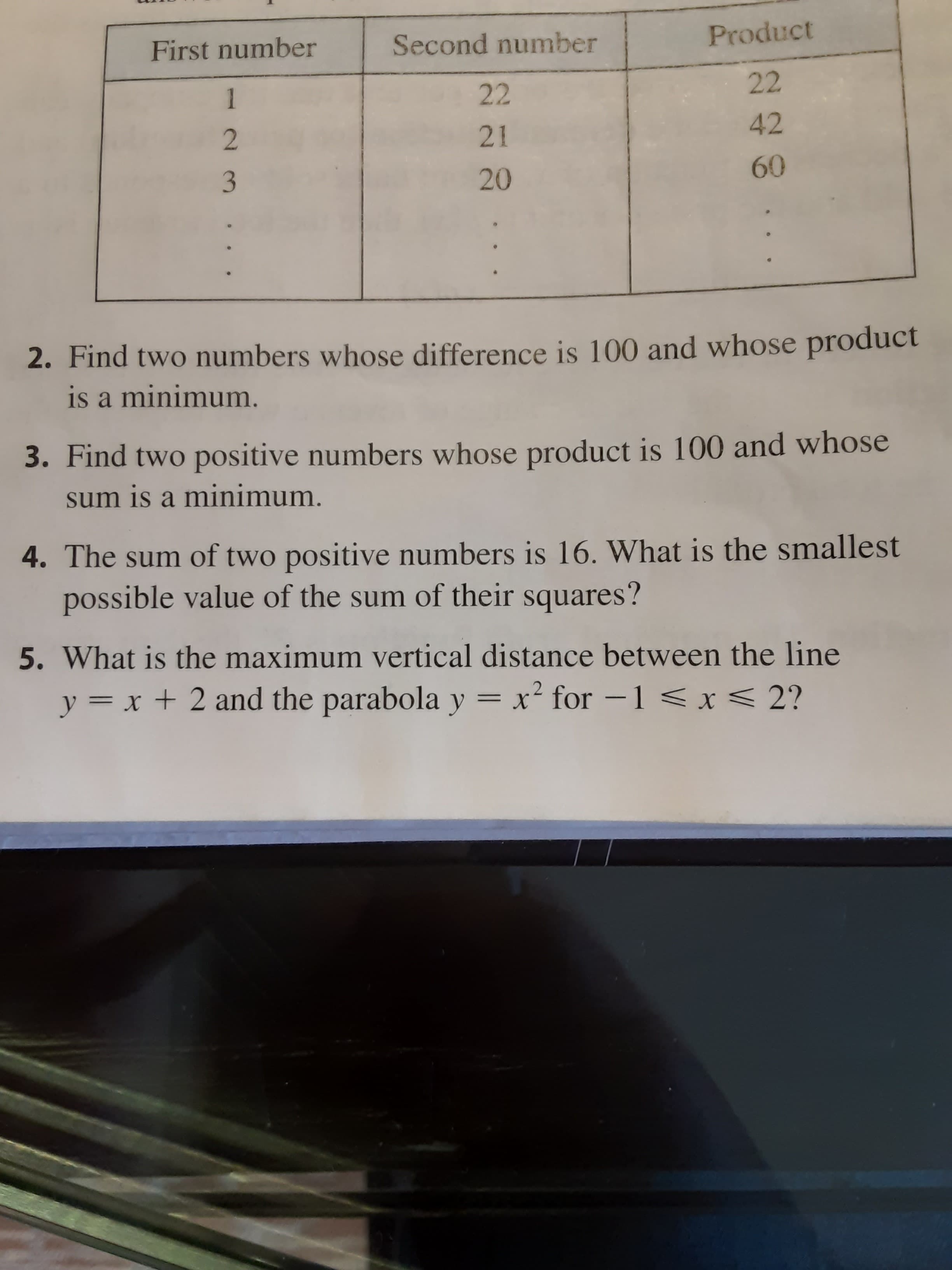 2. Find two numbers whose difference is 100 and whose product
is a minimum.
