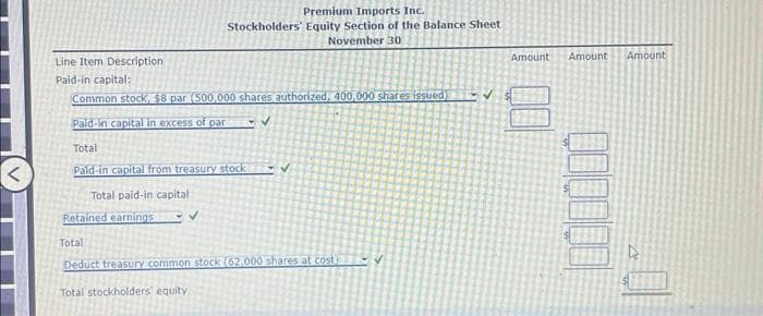 Premium Imports Inc.
Stockholders' Equity Section of the Balance Sheet
November 30
Line Item Description
Paid-in capital:
Common stock, $8 par (500,000 shares authorized 400,000 shares issued)
Paid-in capital in excess of par
Total
Paid-in capital from treasury stock
Total paid-in capital:
Retained earnings ✓
✓
Total
Deduct treasury common stock (62,000 shares at cost)
Total stockholders equity,
Amount Amount Amount
4