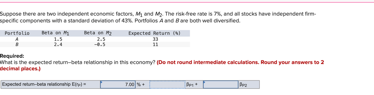 Suppose there are two independent economic factors, M₁ and M2. The risk-free rate is 7%, and all stocks have independent firm-
specific components with a standard deviation of 43%. Portfolios A and B are both well diversified.
Portfolio
A
B
Beta on M1
1.5
2.4
Beta on M2
2.5
-0.5
Expected Return (%)
33
11
Required:
What is the expected return-beta relationship in this economy? (Do not round intermediate calculations. Round your answers to 2
decimal places.)
Expected return-beta relationship E(rp) =
7.00 % +
BP1 +
BP2