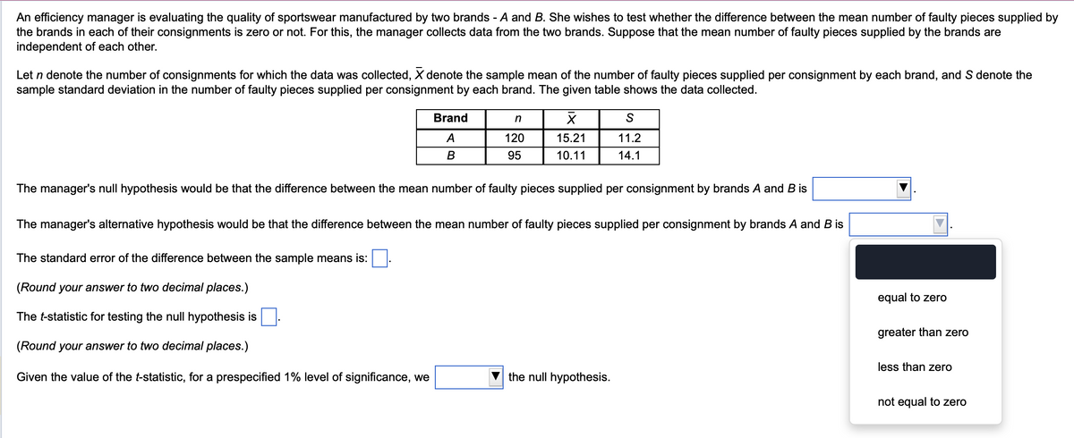 An efficiency manager is evaluating the quality of sportswear manufactured by two brands - A and B. She wishes to test whether the difference between the mean number of faulty pieces supplied by
the brands in each of their consignments is zero or not. For this, the manager collects data from the two brands. Suppose that the mean number of faulty pieces supplied by the brands are
independent of each other.
Let n denote the number of consignments for which the data was collected, X denote the sample mean of the number of faulty pieces supplied per consignment by each brand, and S denote the
sample standard deviation in the number of faulty pieces supplied per consignment by each brand. The given table shows the data collected.
Brand
n
A
120
Х
15.21
S
11.2
B
95
10.11
14.1
The manager's null hypothesis would be that the difference between the mean number of faulty pieces supplied per consignment by brands A and B is
The manager's alternative hypothesis would be that the difference between the mean number of faulty pieces supplied per consignment by brands A and B is
The standard error of the difference between the sample means is:
(Round your answer to two decimal places.)
The t-statistic for testing the null hypothesis is
(Round your answer to two decimal places.)
equal to zero
greater than zero
less than zero
Given the value of the t-statistic, for a prespecified 1% level of significance, we
the null hypothesis.
not equal to zero