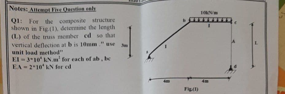 Notes: Attempt Five Question only
Q1: For the composite structure
shown in Fig.(1), determine the length
(L) of the truss member cd so that
vertical deflection at b is 10mm." use
unit load method"
El 3-10 kN.m² for each of ab, be
EA = 2*10 kN for cd
3m
4m
Fig (1)
10KN/m
I
4m
L