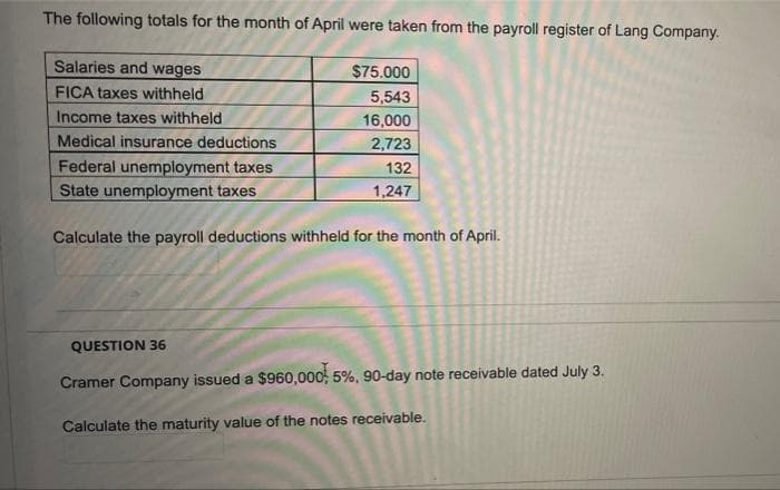 The following totals for the month of April were taken from the payroll register of Lang Company.
Salaries and wages
$75.000
FICA taxes withheld
5,543
Income taxes withheld
16,000
Medical insurance deductions
2,723
Federal unemployment taxes
State unemployment taxes
132
1,247
Calculate the payroll deductions withheld for the month of April.
QUESTION 36
Cramer Company issued a $960,000, 5%, 90-day note receivable dated July 3.
Calculate the maturity value of the notes receivable.

