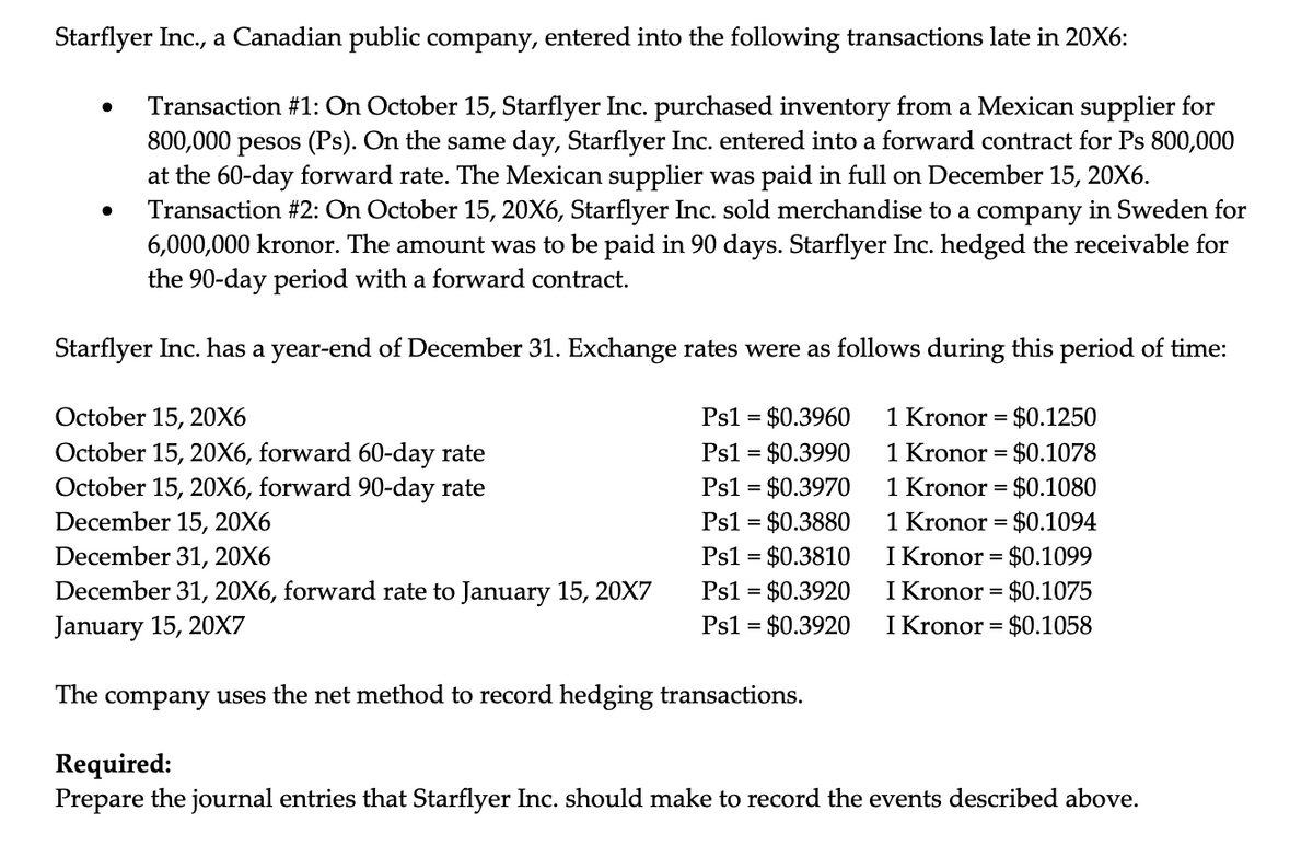 Starflyer Inc., a Canadian public company, entered into the following transactions late in 20X6:
Transaction #1: On October 15, Starflyer Inc. purchased inventory from a Mexican supplier for
800,000 pesos (Ps). On the same day, Starflyer Inc. entered into a forward contract for Ps 800,000
at the 60-day forward rate. The Mexican supplier was paid in full on December 15, 20X6.
Transaction #2: On October 15, 20X6, Starflyer Inc. sold merchandise to a company in Sweden for
6,000,000 kronor. The amount was to be paid in 90 days. Starflyer Inc. hedged the receivable for
the 90-day period with a forward contract.
Starflyer Inc. has a year-end of December 31. Exchange rates were as follows during this period of time:
October 15, 20X6
1 Kronor =
1 Kronor = $0.1078
1 Kronor = $0.1080
1 Kronor = $0.1094
I Kronor = $0.1099
I Kronor = $0.1075
I Kronor = $0.1058
Ps1 = $0.3960
$0.1250
October 15, 20X6, forward 60-day rate
October 15, 20X6, forward 90-day rate
Ps1 = $0.3990
Ps1 = $0.3970
December 15, 20X6
Ps1 = $0.3880
December 31, 20X6
= $0.3810
December 31, 20X6, forward rate to January 15, 20X7
Ps1 = $0.3920
January 15, 20X7
Ps1 = $0.3920
The company uses the net method to record hedging transactions.
Required:
Prepare the journal entries that Starflyer Inc. should make to record the events described above.
