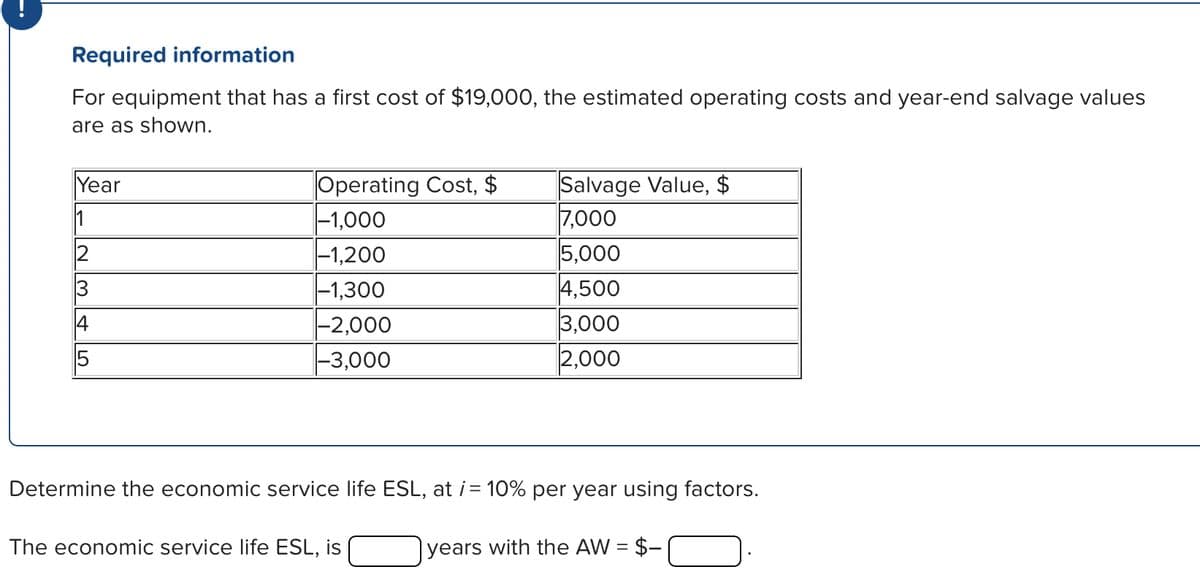 Required information
For equipment that has a first cost of $19,000, the estimated operating costs and year-end salvage values
are as shown.
Year
|1
Operating Cost, $
Salvage Value, $
-1,000
7,000
-1,200
5,000
-1,300
4,500
14
-2,000
3,000
||-3,000
2,000
Determine the economic service life ESL, at i= 10% per year using factors.
The economic service life ESL, is
years with the AW = $-
