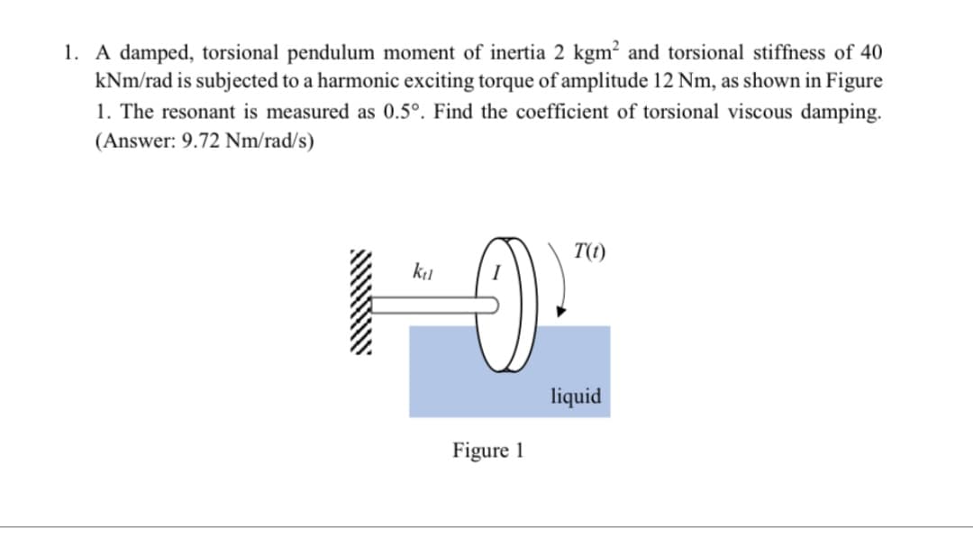 1. A damped, torsional pendulum moment of inertia 2 kgm² and torsional stiffness of 40
kNm/rad is subjected to a harmonic exciting torque of amplitude 12 Nm, as shown in Figure
1. The resonant is measured as 0.5°. Find the coefficient of torsional viscous damping.
(Answer: 9.72 Nm/rad/s)
T(t)
k₁l
liquid
Figure 1