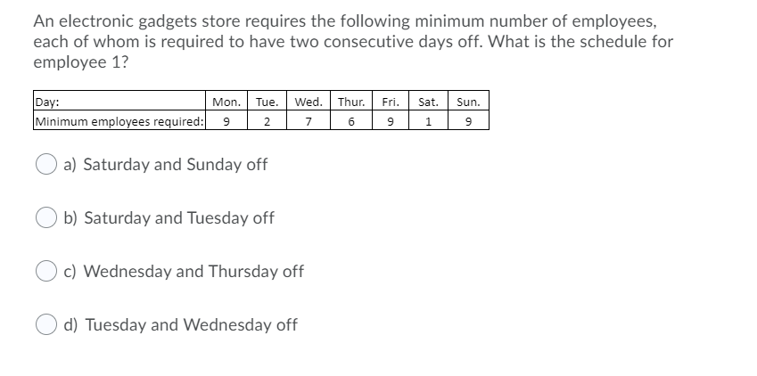 An electronic gadgets store requires the following minimum number of employees,
each of whom is required to have two consecutive days off. What is the schedule for
employee 1?
Mon. Tue. wed. Thur. Fri.
Sat. Sun.
Day:
Minimum employees required: 9
2
7
6
9
a) Saturday and Sunday off
b) Saturday and Tuesday off
c) Wednesday and Thursday off
d) Tuesday and Wednesday off
