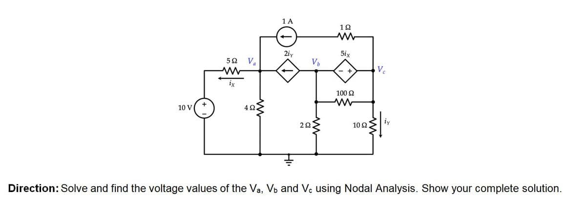 1 A
1Ω
2iy
5ix
Va
VB
Ve
ix
100 2
10 V
4 2.
iy
2Ω.
10 2
Direction: Solve and find the voltage values of the Va, Vb and Vc using Nodal Analysis. Show your complete solution.
