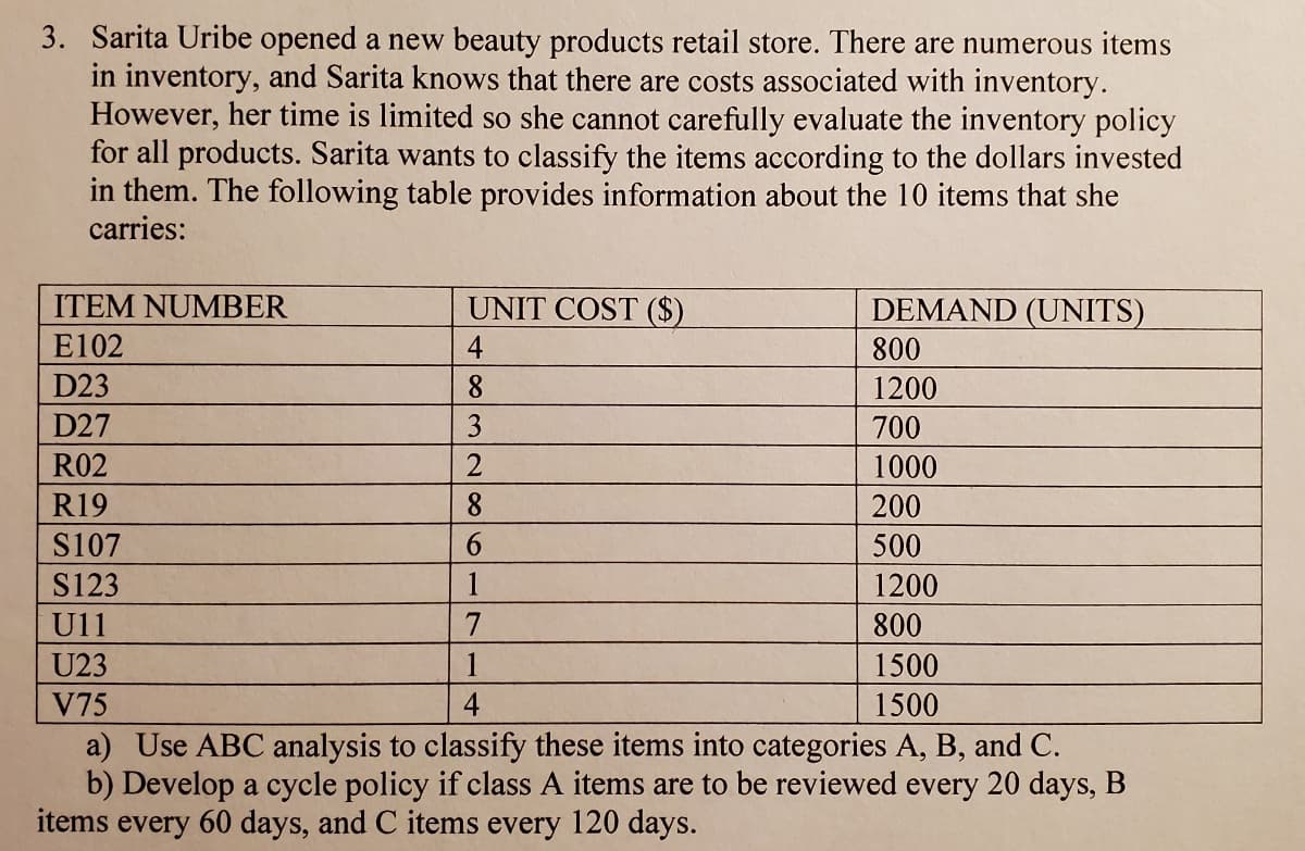 3. Sarita Uribe opened a new beauty products retail store. There are numerous items
in inventory, and Sarita knows that there are costs associated with inventory.
However, her time is limited so she cannot carefully evaluate the inventory policy
for all products. Sarita wants to classify the items according to the dollars invested
in them. The following table provides information about the 10 items that she
carries:
ITEM NUMBER
UNIT COST ($)
DEMAND (UNITS)
E102
4
800
D23
8.
1200
D27
3
700
R02
1000
R19
8
200
S107
6.
500
S123
1
1200
U11
7
800
U23
1
1500
V75
4
1500
a) Use ABC analysis to classify these items into categories A, B, and C.
b) Develop a cycle policy if class A items are to be reviewed every 20 days, B
items every 60 days, and C items every 120 days.
