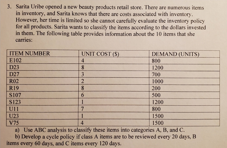 3. Sarita Uribe opened a new beauty products retail store. There are numerous items
in inventory, and Sarita knows that there are costs associated with inventory.
However, her time is limited so she cannot carefully evaluate the inventory policy
for all products. Sarita wants to classify the items according to the dollars invested
in them. The following table provides information about the 10 items that she
carries:
ITEM NUMBER
UNIT COST ($)
DEMAND (UNITS)
E102
4
800
D23
8.
1200
D27
3
700
R02
1000
R19
8.
200
S107
6.
500
S123
1
1200
U11
7
800
U23
1
1500
V75
4
1500
a) Use ABC analysis to classify these items into categories A, B, and C.
b) Develop a cycle policy if class A items are to be reviewed every 20 days, B
items
every
60 days, and C items every 120 days.
