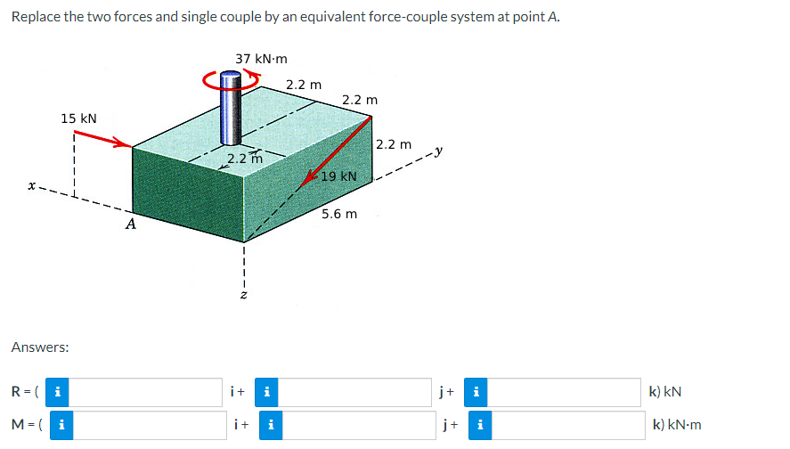 Replace the two forces and single couple by an equivalent force-couple system at point A.
x--
15 KN
Answers:
R=( i
M = (i
A
37 kN.m
2.2 m
Z
i+ i
i+
i
2.2 m
2.2 m
19 KN
5.6 m
2.2 m
+
i
j+ i
k) kN
k) kN.m
