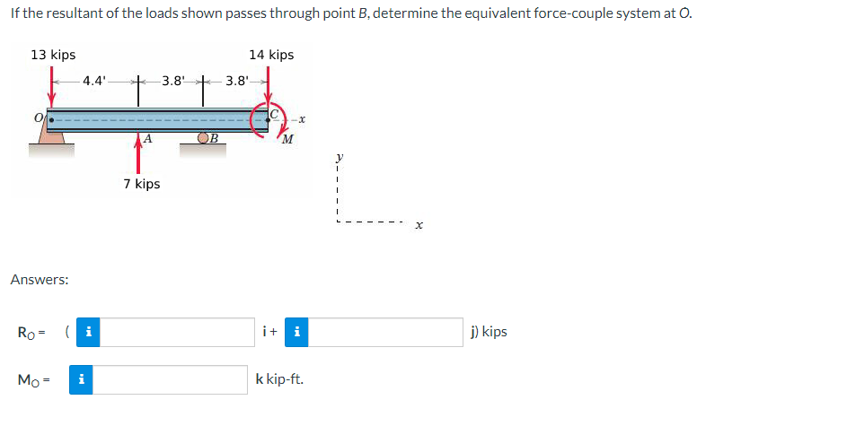 If the resultant of the loads shown passes through point B, determine the equivalent force-couple system at O.
13 kips
Answers:
4.4'-
Ro= (i
Mo =
i
7 kips
3.8
OB
3.8'
14 kips
it i
k kip-ft.
I
I
[
X
j) kips