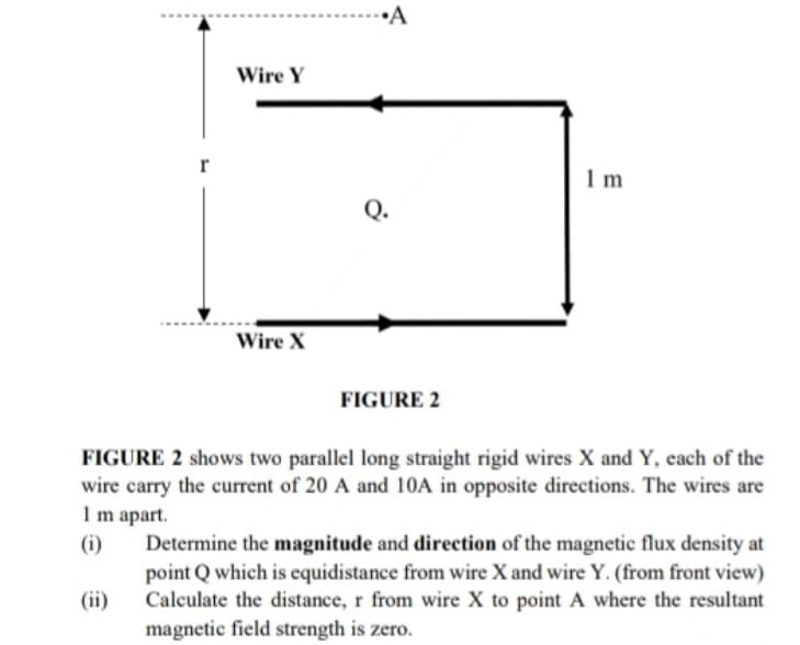 •A
Wire Y
Q.
Wire X
FIGURE 2
FIGURE 2 shows two parallel long straight rigid wires X and Y, each of the
wire carry the current of 20 A and 10A in opposite directions. The wires are
Im apart.
Determine the magnitude and direction of the magnetic flux density at
point Q which is equidistance from wire X and wire Y. (from front view)
Calculate the distance, r from wire X to point A where the resultant
magnetic field strength is zero.
(i)
(ii)
