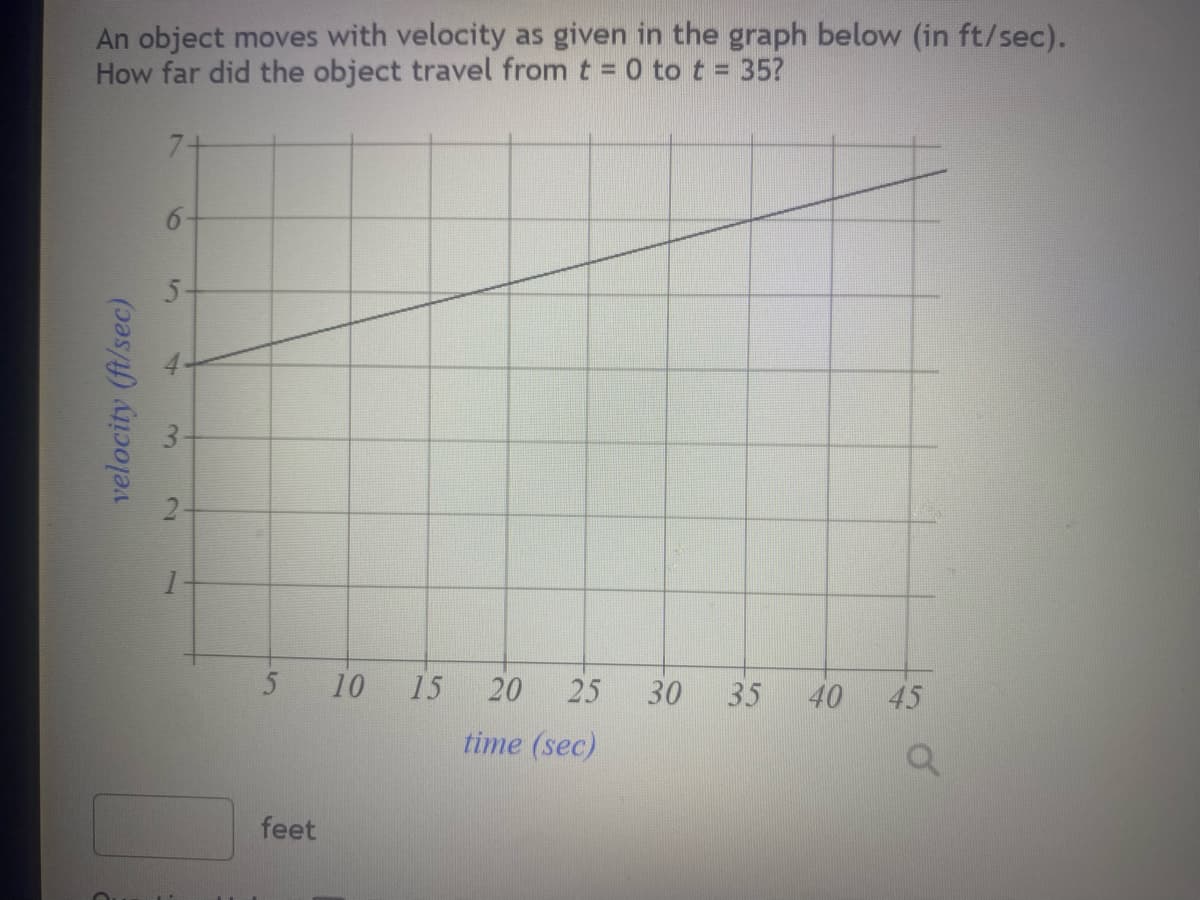 An object moves with velocity as given in the graph below (in ft/sec).
How far did the object travel from t = 0 to t = 35?
velocity (ft/sec)
7+
5
3
2-
1
5
feet
10 15 20 25
time (sec)
30 35
40 45
Q