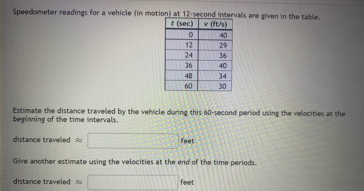 Speedometer readings for a vehicle (in motion) at 12-second intervals are given in the table.
t (sec)
v (ft/s)
distance traveled ~
0
12
24
36
48
60
Estimate the distance traveled by the vehicle during this 60-second period using the velocities at the
beginning of the time intervals.
distance traveled
feet
40
29
36
40
34
30
Give another estimate using the velocities at the end of the time periods.
feet