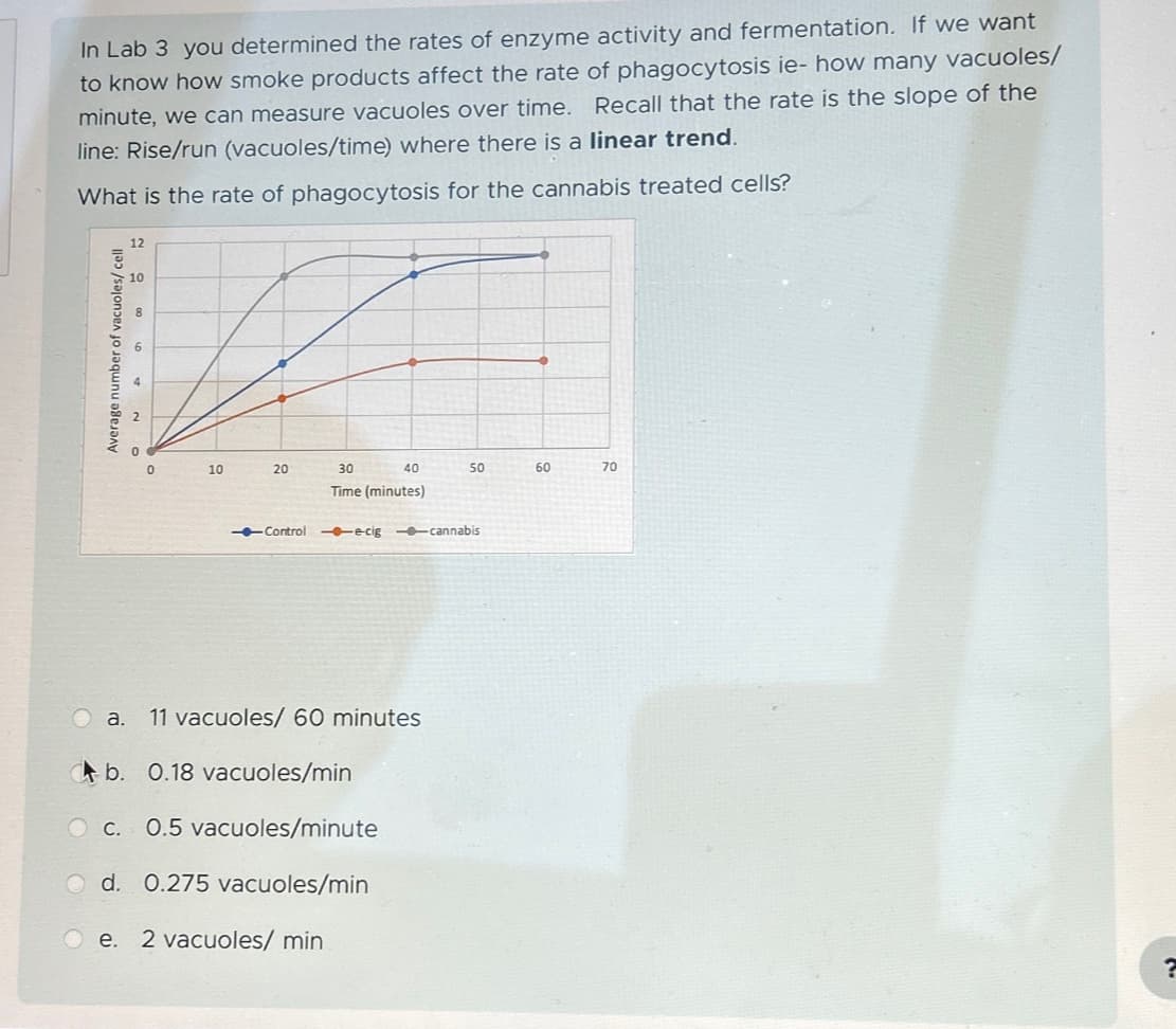 In Lab 3 you determined the rates of enzyme activity and fermentation. If we want
to know how smoke products affect the rate of phagocytosis ie- how many vacuoles/
minute, we can measure vacuoles over time. Recall that the rate is the slope of the
line: Rise/run (vacuoles/time) where there is a linear trend.
What is the rate of phagocytosis for the cannabis treated cells?
12
20060
a.
Average number of vacuoles/cell
N
10
20
30
40
Time (minutes)
--Control --e-cig-cannabis
11 vacuoles/ 60 minutes
b. 0.18 vacuoles/min
c. 0.5 vacuoles/minute
d. 0.275 vacuoles/min
e. 2 vacuoles/ min
50
60
70