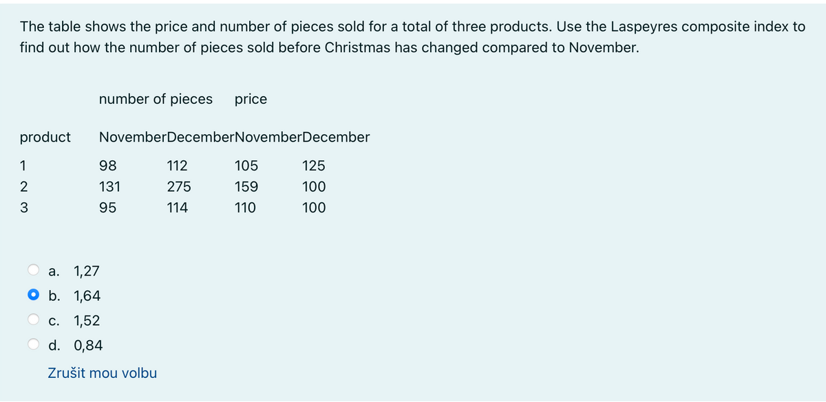 The table shows the price and number of pieces sold for a total of three products. Use the Laspeyres composite index to
find out how the number of pieces sold before Christmas has changed compared to November.
number of pieces
price
product
NovemberDecemberNovemberDecember
1
98
112
105
125
2
131
275
159
100
3
95
114
110
100
а. 1,27
b. 1,64
с. 1,52
d. 0,84
Zrušit mou volbu
