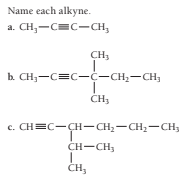 Name each alkyne.
CH,-C=C-CH,
CH3
b. CH;-C=C-C-CH,-CH,
CH3
c. CH=C-CH-CH2-CH2-CH,
CH-CH,
ČH,
