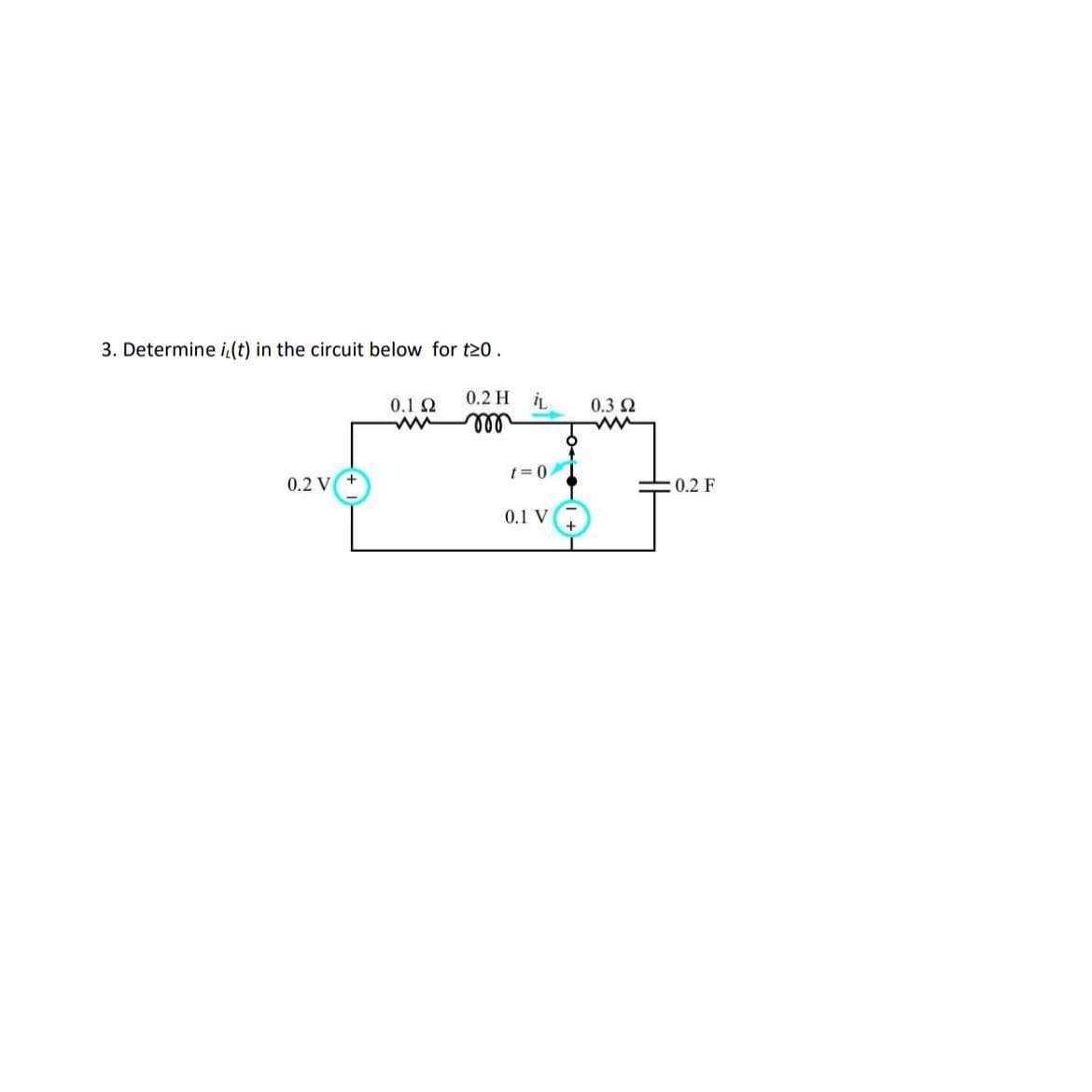 3. Determine i(t) in the circuit below for t20.
0.2 V
0.1 Ω
mn
0.2 H
m
iL
t=0/
0.1 V
0.3 Ω
www
0.2 F