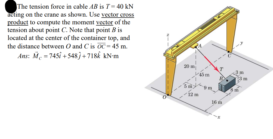 The tension force in cable AB is T = 40 kN
acting on the crane as shown. Use vector cross
product to compute the moment vector of the
tension about point C. Note that point B is
located at the center of the container top, and
the distance between O and C is OC = 45 m.
Ans: M = 745i +548ĵ+718k kN·m
20 m
T
3 m
45 m
B
3 m
5 m
9 m
8 m
12 m
16 m