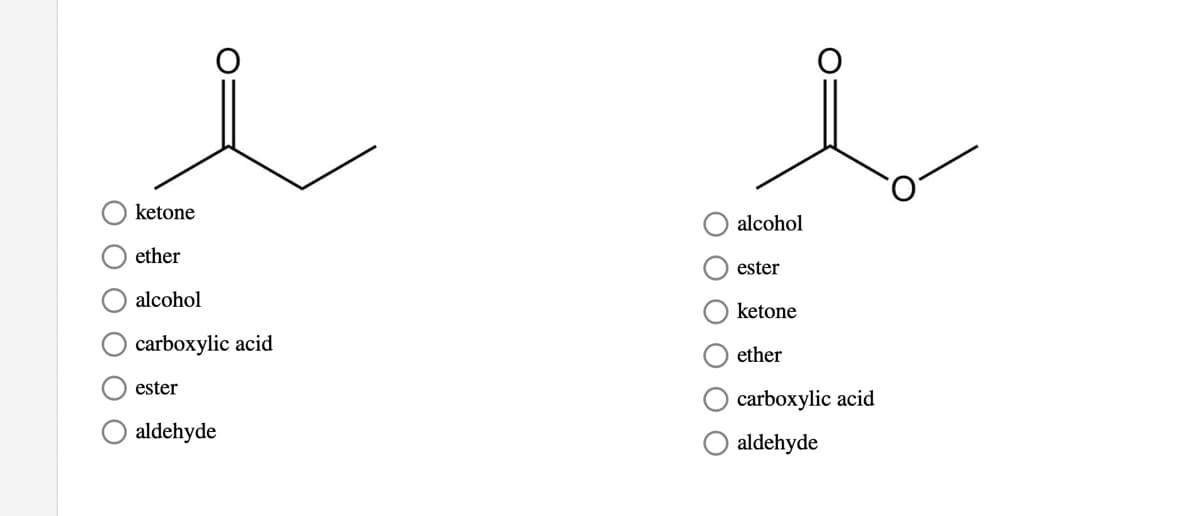 ketone
alcohol
ether
ester
alcohol
ketone
carboxylic acid
ether
ester
carboxylic acid
aldehyde
aldehyde
O O
O O O O
