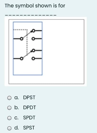 The symbol shown is for
O a. DPST
O b. DPDT
O c. SPDT
O d.
SPST