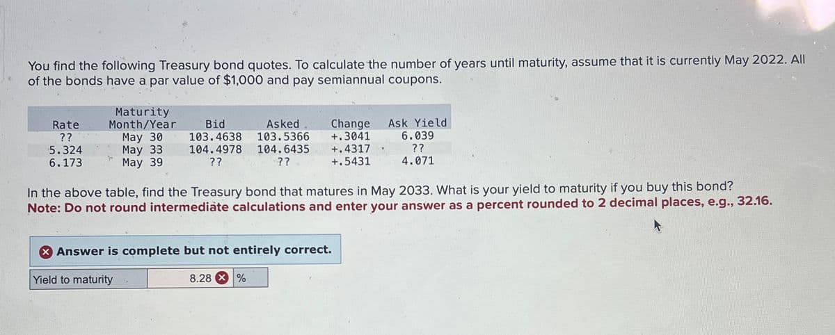 L
You find the following Treasury bond quotes. To calculate the number of years until maturity, assume that it is currently May 2022. All
of the bonds have a par value of $1,000 and pay semiannual coupons.
Rate
??
5.324
6.173
Maturity
Month/Year
May 30
May 33
May 39
Bid
Asked
103.4638 103.5366
104.4978 104.6435
??
??
Change Ask Yield
+.3041
+.4317
+.5431
In the above table, find the Treasury bond that matures in May 2033. What is your yield to maturity if you buy this bond?
Note: Do not round intermediate calculations and enter your answer as a percent rounded to 2 decimal places, e.g., 32.16.
X Answer is complete but not entirely correct.
Yield to maturity
8.28 %
6.039
??
4.071