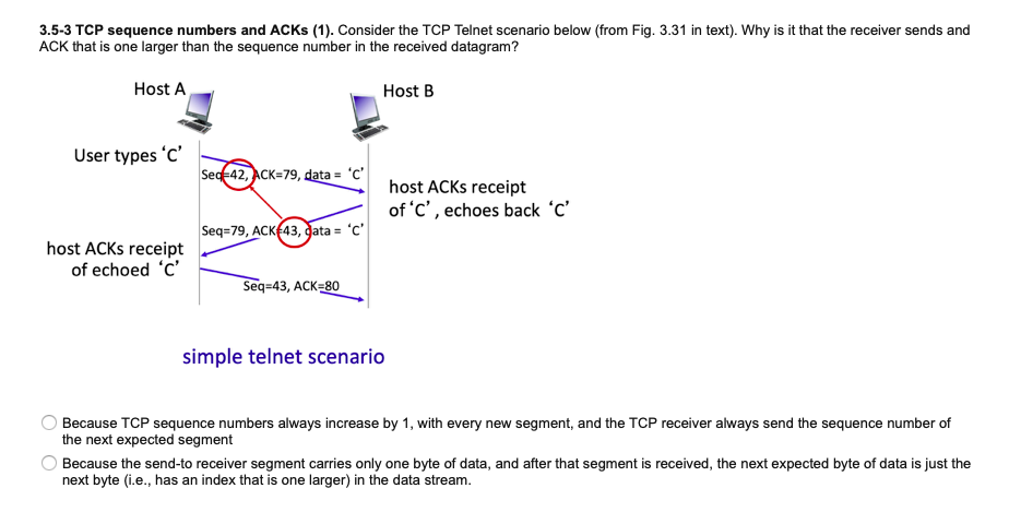 3.5-3 TCP sequence numbers and ACKS (1). Consider the TCP Telnet scenario below (from Fig. 3.31 in text). Why is it that the receiver sends and
ACK that is one larger than the sequence number in the received datagram?
Host A
Host B
User types 'C'
Sed-42, ACK=79, data = 'C'
host ACKS receipt
of 'C', echoes back °c'
Seq=79, ACKE43, data = 'c'
host ACKS receipt
of echoed 'C'
Seq=43, ACK=80
simple telnet scenario
O Because TCP sequence numbers always increase by 1, with every new segment, and the TCP receiver always send the sequence number of
the next expected segment
Because the send-to receiver segment carries only one byte of data, and after that segment is received, the next expected byte of data is just the
next byte (i.e., has an index that is one larger) in the data stream.
