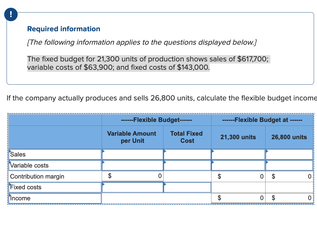 !
Required information
[The following information applies to the questions displayed below.]
The fixed budget for 21,300 units of production shows sales of $617,700;
variable costs of $63,900; and fixed costs of $143,000.
If the company actually produces and sells 26,800 units, calculate the flexible budget income
Sales
Variable costs
Contribution margin
Fixed costs
Income
------Flexible Budget------
Variable Amount
per Unit
$
0
▶▶▶
Total Fixed
Cost
21,300 units
$
------Flexible Budget at
$
0
0
26,800 units
$
$
0
0