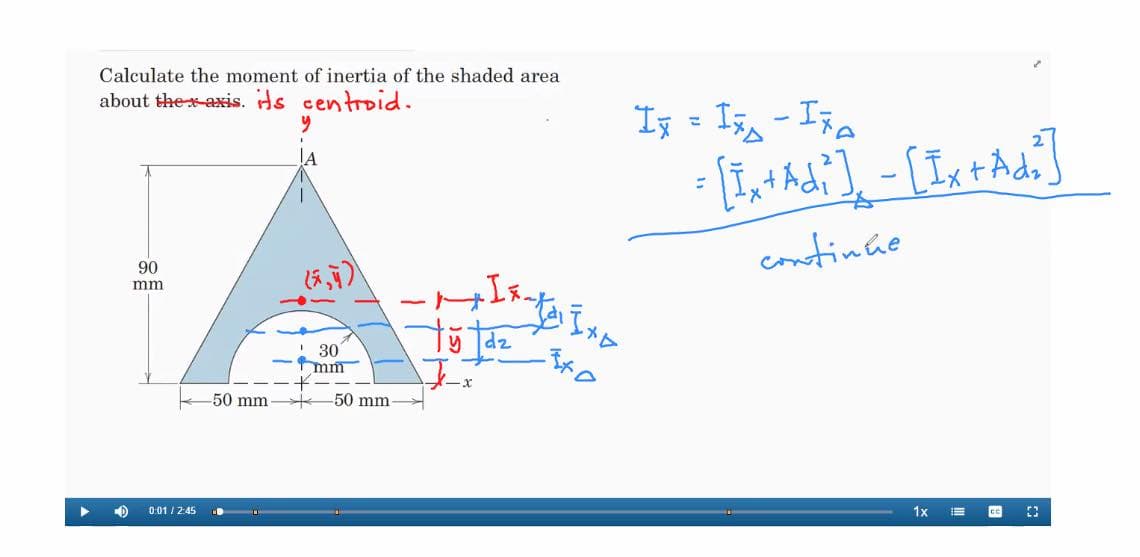 ▶
Calculate the moment of inertia of the shaded area
about the axis. its centroid.
y
D
90
mm
-50 mm
0:01/2:45 ▪0
30
mm
50 mm
1
I
Ix-t₁ Ixx
4+1
+0
I = I₁ - IFA
= [1₁+ Adi] - [Ix +Adi]
continue
1x
E
cc
(3