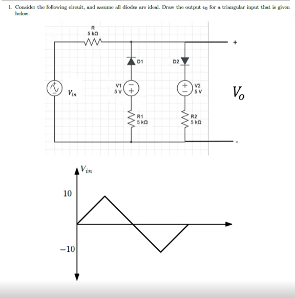1. Consider the following circuit, and assume all diodes are ideal. Draw the output to for a triangular input that is given
below.
~
Vin
R
5 KQ
www
V1
5V
ww
D1
R1
5 ΚΩ
Vin
10
f
-10
D2
ww
V2
5V
R2
5 KQ
Vo