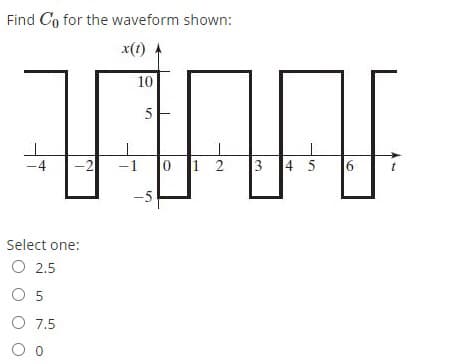 Find Co for the waveform shown:
x(t)
10
-4
-2
-1
0 1 2
4 5
-5
Select one:
O 2.5
O 5
O 7.5
O o
