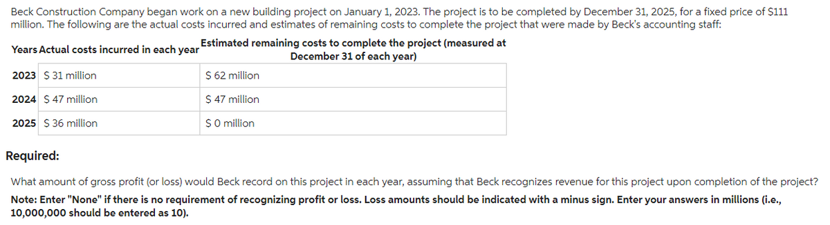 Beck Construction Company began work on a new building project on January 1, 2023. The project is to be completed by December 31, 2025, for a fixed price of $111
million. The following are the actual costs incurred and estimates of remaining costs to complete the project that were made by Beck's accounting staff:
Years Actual costs incurred in each year
2023 $ 31 million
2024 $ 47 million
2025 $36 million
Estimated remaining costs to complete the project (measured at
December 31 of each year)
$ 62 million
$ 47 million
$0 million
Required:
What amount of gross profit (or loss) would Beck record on this project in each year, assuming that Beck recognizes revenue for this project upon completion of the project?
Note: Enter "None" if there is no requirement of recognizing profit or loss. Loss amounts should be indicated with a minus sign. Enter your answers in millions (i.e.,
10,000,000 should be entered as 10).