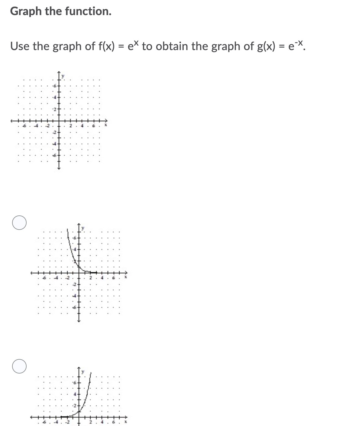 Graph the function.
Use the graph of f(x) = e* to obtain the graph of g(x) = eX.
