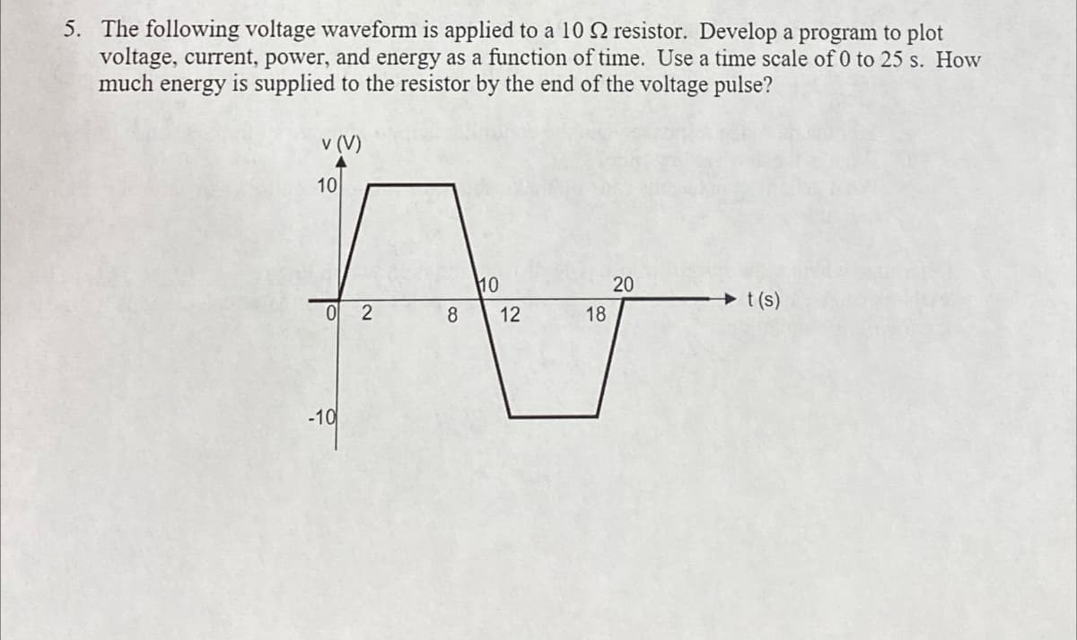 5. The following voltage waveform is applied to a 10 2 resistor. Develop a program to plot
voltage, current, power, and energy as a function of time. Use a time scale of 0 to 25 s. How
much energy is supplied to the resistor by the end of the voltage pulse?
v (V)
10
02
-10
8
10
12
18
20
t (s)