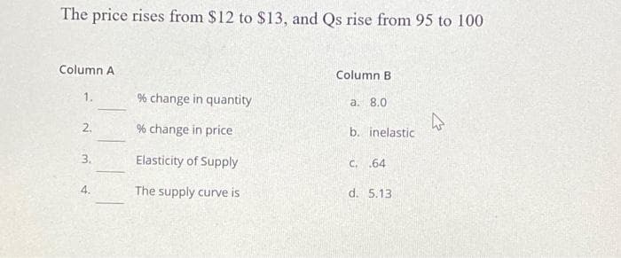 The price rises from $12 to $13, and Qs rise from 95 to 100
Column A
Column B
1.
% change in quantity
a. 8.0
4
2.
% change in price
b. inelastic
3.
Elasticity of Supply
C. .64
4.
The supply curve is
d. 5.13
