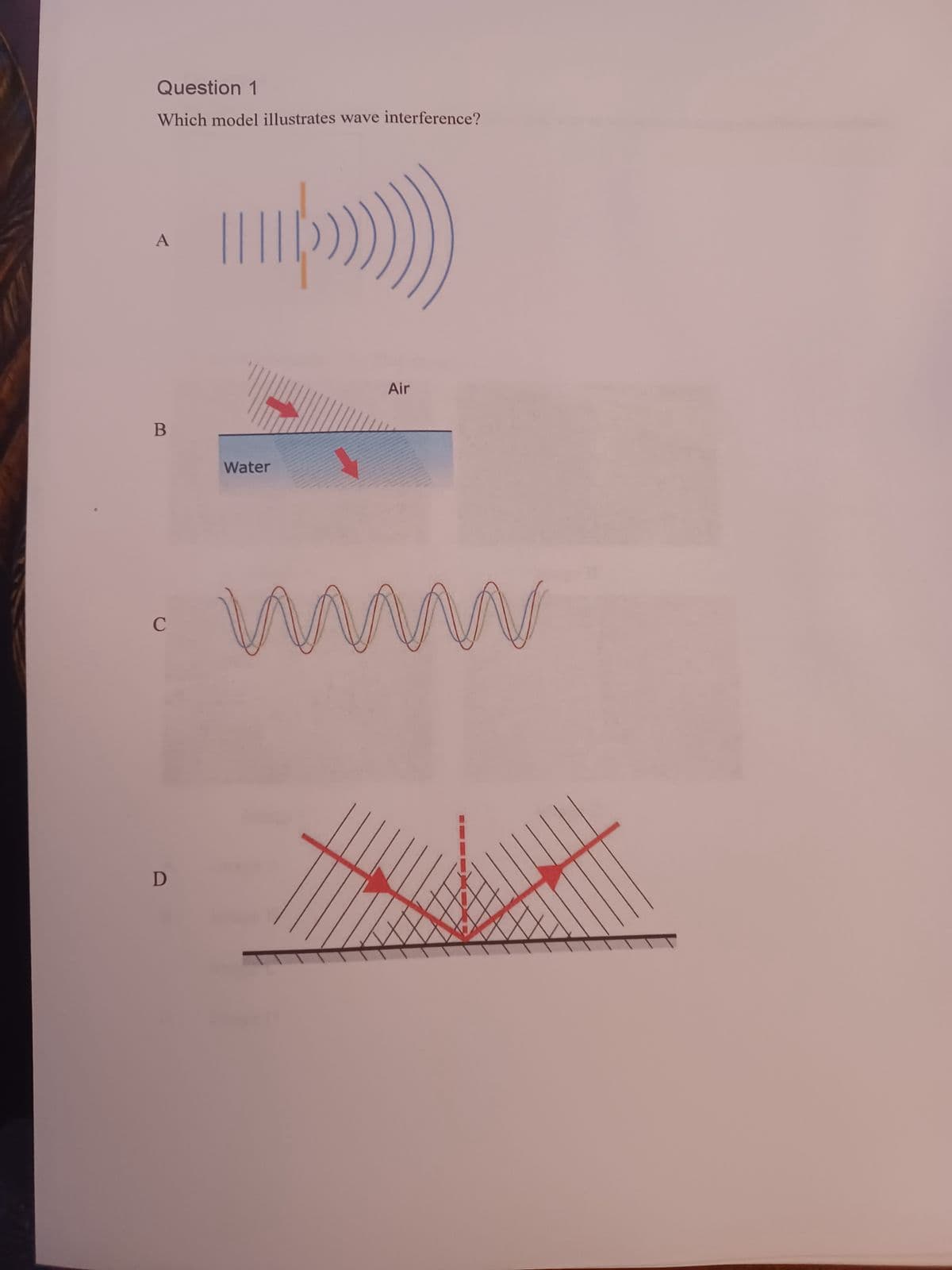 Question 1
Which model illustrates wave interference?
B
C
D
in()
Water
Air
ww