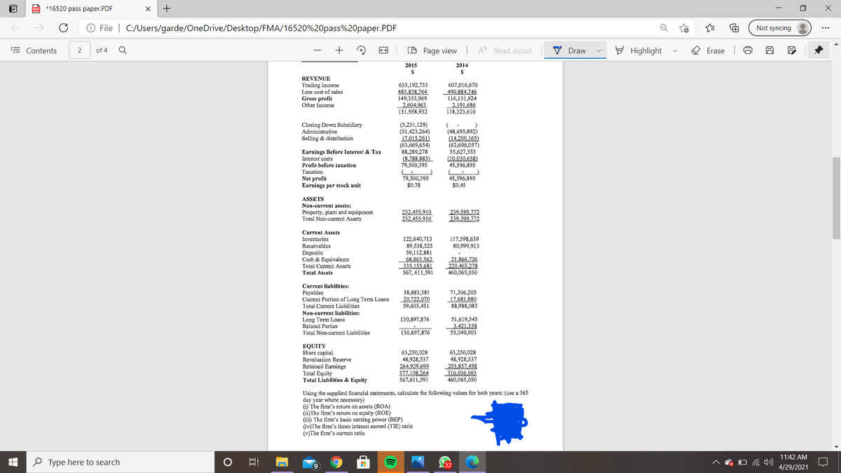 DOE *16520 pass paper.PDF
+
O File | C:/Users/garde/OneDrive/Desktop/FMA/16520%20pass%20paper.PDF
Not syncing
= Contents
of 4
(D Page view
A Read aloud
V Draw
E Highlight
O Erase
2
2015
2014
REVENUE
Trading income
Less cost of sales
Gross profit
Other Income
633,192,733
483,838,764
149,353,969
2,604,963
151,958,932
607,016,670
490,884,746
116,131,924
2,191,686
118,323,610
(5,231,129)
(51,423,264)
(7,015,261)
(63,669,654)
88,289,278
(8,788.883)
79,500,395
Closing Down Subsidiary
Administrative
Selling & distribution
(48,495,892)
(14.200,165)
(62,696,057)
55,627,553
(10.030.658)
45,596,895
Earnings Before Interest & Tax
Interest costs
Profit before taxation
Taxation
79,500,395
Net profit
Earnings per stock unit
45,596,895
$0.45
$0.78
ASSETS
Non-current assets:
Property, plant and equipment
Total Non-current Assets
232.455,910
232,455.910
239.599,772
239,599,772
Current Assets
Inventories
Receivables
Deposits
Cash & Equivalents
Total Current Assets
122,640,713
89,538,525
59,112,881
68,863,562
335,155,681
567, 611,591
117,598,639
80,999,913
21,866,726
220.465,278
460,065,050
Total Assets
Current liabilities:
Payables
Current Portion of Long Term Loans
Total Current Liabilities
38,883,381
20,722,070
59,605,451
71,306,205
17,681,880
88,988,085
Non-current liabilities:
Long Term Loans
Related Parties
Total Non-current Liabilities
130,897.876
51,619,545
3.421.358
55,040,903
130,897,876
EQUITY
Share capital
Revaluation Reşerve
Retained Earnings
Total Equity
Total Liabilities & Equity
63,250,028
48,928,537
264,929,699
377,108.264
567,611,591
63,250,028
48,928,537
203.857,498
316.036.063
460.065,050
Using the supplied financial statements, calculate the following values for both years: (use a 365
day year where necessary)
(i) The firm's return on assets (ROA)
(ii)The firm's return on equity (ROE)
(iii) The firm's basic carning power (BEP)
(iv)The firm's times interest earned (TIE) ratio
(v)The firm's current ratio
11:42 AM
0 Type here to search
32
O 4)
4/29/2021
