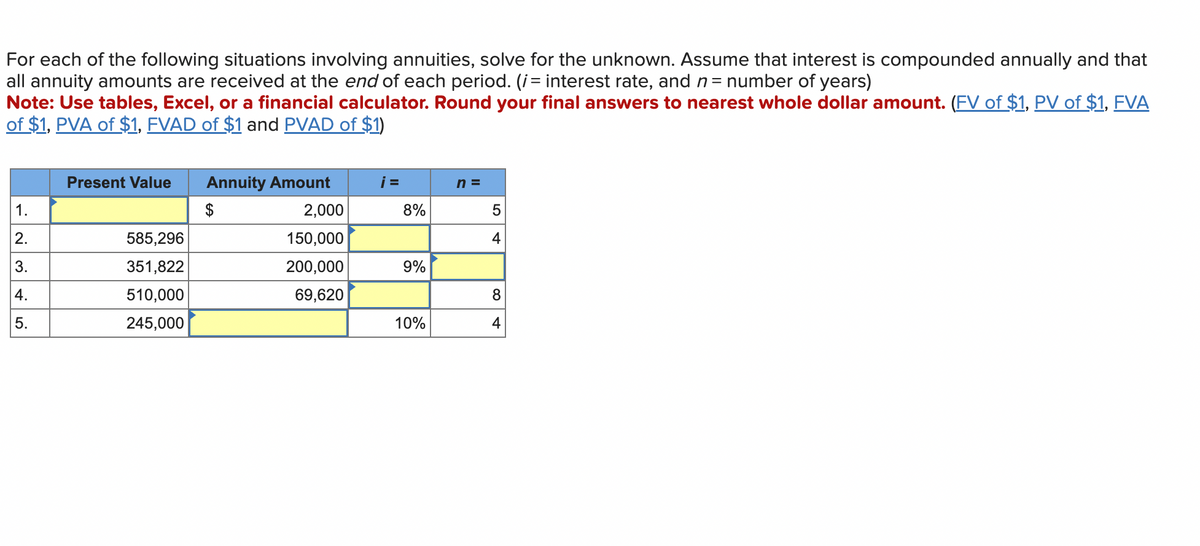 For each of the following situations involving annuities, solve for the unknown. Assume that interest is compounded annually and that
all annuity amounts are received at the end of each period. (i= interest rate, and n = number of years)
Note: Use tables, Excel, or a financial calculator. Round your final answers to nearest whole dollar amount. (FV of $1, PV of $1, FVA
of $1, PVA of $1, FVAD of $1 and PVAD of $1)
1.
2.
3.
4.
5.
Present Value Annuity Amount
$
2,000
150,000
200,000
69,620
585,296
351,822
510,000
245,000
j=
8%
9%
10%
n=
5
4
8
4