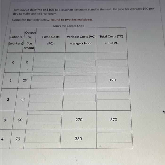 3
4
Tom pays a daily fee of $100 to occupy an ice cream stand in the mall. He pays his workers $90 per
day to make and sell ice cream.
Complete the table below. Round to two decimal places.
Tom's Ice Cream Shop
2
Labor (L) (Q)
(workers) (ice
cream)
1
O
Output
44
60
70
0
20
Fixed Costs
(FC)
Variable Costs (VC)
= wage x labor
270
360
Total Costs (TC)
= FC+VC
190
370