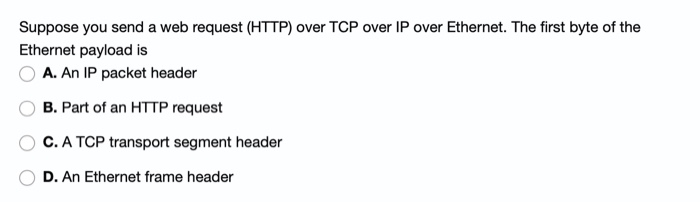 Suppose you send a web request (HTTP) over TCP over IP over Ethernet. The first byte of the
Ethernet payload is
A. An IP packet header
B. Part of an HTTP request
C. A TCP transport segment header
D. An Ethernet frame header
