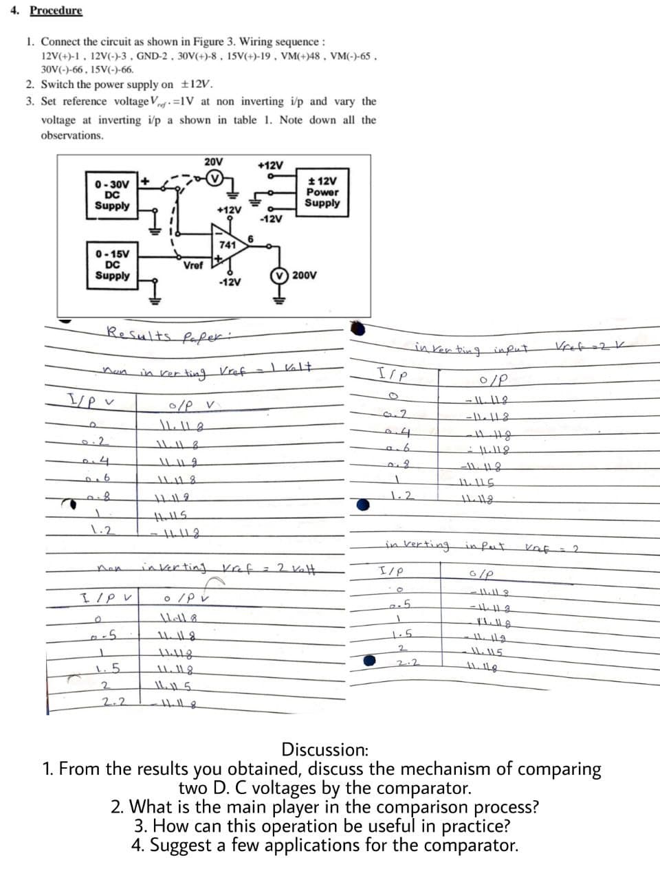 4.
Procedure
1. Connect the circuit as shown in Figure 3. Wiring sequence :
12V(+)-1, 12V(-)-3 , GND-2, 30V(+)-8, 15V(+)-19, VM(+)48, VM(-)-65.
30V(-)-66, 15V(-)-66.
2. Switch the power supply on ±12V.
3. Set reference voltage V=1V at non inverting i/p and vary the
voltage at inverting i/p a shown in table 1. Note down all the
observations.
20V
+12V
0- 30V
DC
Supply
1 12V
Power
Supply
+12V
-12V
6
741
0-15V
DC
Supply
Vref
200V
-12V
Results faper
interting infut
Vref-2k
nan
in rer ting Vref Valt
IsP
0/p
-11118
0/p v
and
-11e18
0.2
1.115
1.2
1.2
in verting
infut
inverting Kaf=2 Vat
I/p
6/p
I/P V
o/P v
2.5
Hella
1.5
2.
2.2
1. 5
2.2
Discussion:
1. From the results you obtained, discuss the mechanism of comparing
two D. C voltages by the comparator.
2. What is the main player in the comparison process?
3. How can this operation be useful in practice?
4. Suggest a few applications for the comparator.
