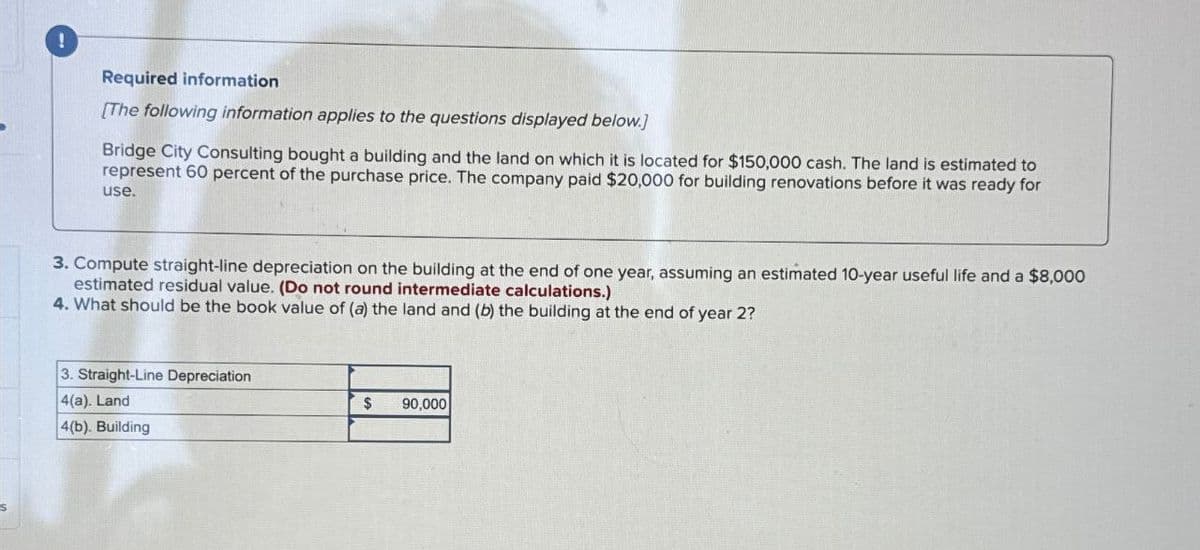 !
Required information
[The following information applies to the questions displayed below]
Bridge City Consulting bought a building and the land on which it is located for $150,000 cash. The land is estimated to
represent 60 percent of the purchase price. The company paid $20,000 for building renovations before it was ready for
use.
3. Compute straight-line depreciation on the building at the end of one year, assuming an estimated 10-year useful life and a $8,000
estimated residual value. (Do not round intermediate calculations.)
4. What should be the book value of (a) the land and (b) the building at the end of year 2?
3. Straight-Line Depreciation
4(a). Land
4(b). Building
$
90,000