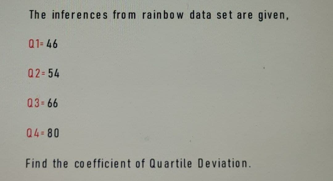The inferences from rainbow data set are given,
Q1=46
02-54
Q3=66
Q4=80
Find the coefficient of Quartile Deviation.