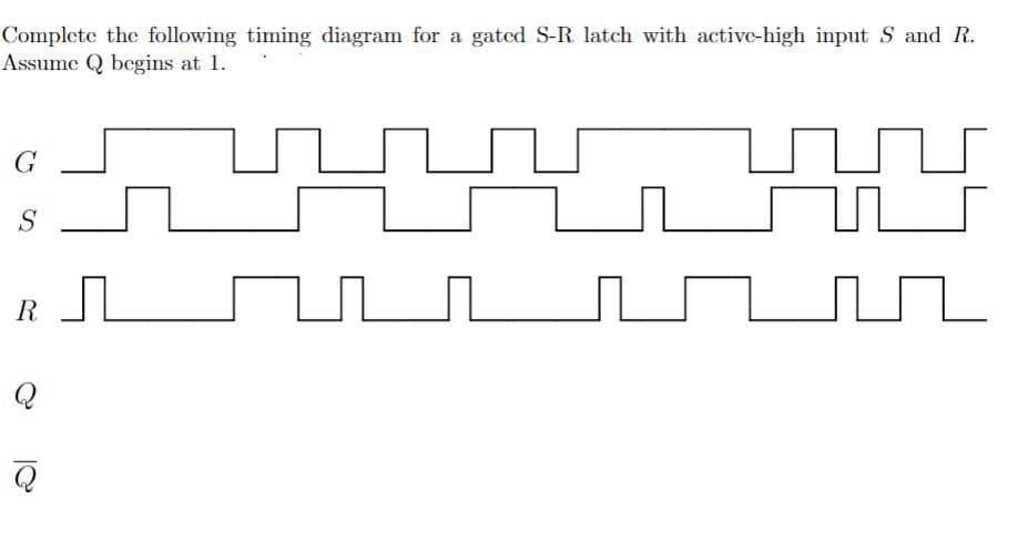 Complete the following timing diagram for a gated S-R latch with active-high input S and R.
Assume Q begins at 1.
G
S
R
பட
Q
Q