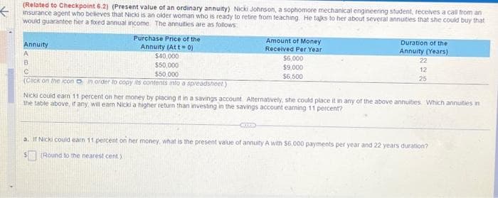 <
(Related to Checkpoint 6.2) (Present value of an ordinary annuity) Nicki Johnson, a sophomore mechanical engineering student, receives a call from an
insurance agent who believes that Nicki is an older woman who is ready to retire from teaching He talks to her about several annuities that she could buy that
would guarantee her a fixed annual income. The annuities are as follows:
Purchase Price of the
Annuity (Att = 0)
Annuity
A
B
C
(Click on the icon in order to copy its contents into a spreadsheet)
$40,000
$50,000
$50,000
Amount of Money
Received Per Year
$6,000
$9,000
$6,500
Duration of the
Annuity (Years)
22
12
25
Nicki could earn 11 percent on her money by placing it in a savings account Alternatively, she could place it in any of the above annuities. Which annuities in
the table above, if any, will earn Nicki a higher return than investing in the savings account earning 11 percent?
a. If Nicki could earn 11 percent on her money, what is the present value of annuity A with $6,000 payments per year and 22 years duration?
(Round to the nearest cent)
