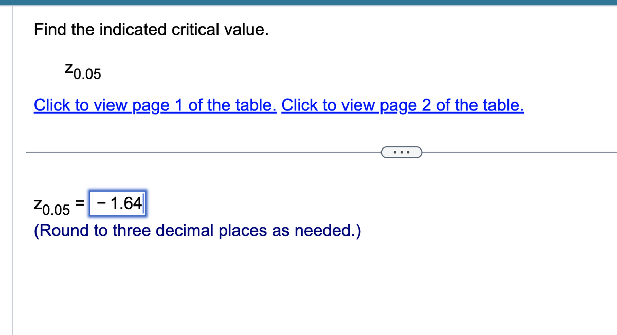 Find the indicated critical value.
70.05
Click to view page 1 of the table. Click to view page 2 of the table.
²0.05 = - 1.64
(Round to three decimal places as needed.)