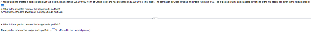 A hedge fund has created a portfolio using just two stocks. It has shorted $35,000,000 worth of Oracle stock and has purchased $85,000,000 of Intel stock. The correlation between Oracle's and Intel's returns is 0.65. The expected returns and standard deviations of the two stocks are given in the following table:
a. What is the expected return of the hedge fund's portfolio?
b. What is the standard deviation of the hedge fund's portfolio?
a. What is the expected return of the hedge fund's portfolio?
The expected return of the hedge fund's portfolio is %. (Round to two decimal places.)
C