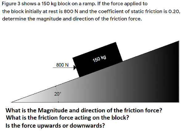 Figure 3 shows a 150 kg block on a ramp. If the force applied to
the block initially at rest is 800 N and the coefficient of static friction is 0.20,
determine the magnitude and direction of the friction force.
150 kg
800 N
20°
What is the Magnitude and direction of the friction force?
What is the friction force acting on the block?
Is the force upwards or downwards?
